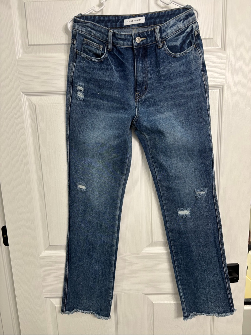 Flying Monkey Straight Leg Jeans in Dark Blue with Distressed Details